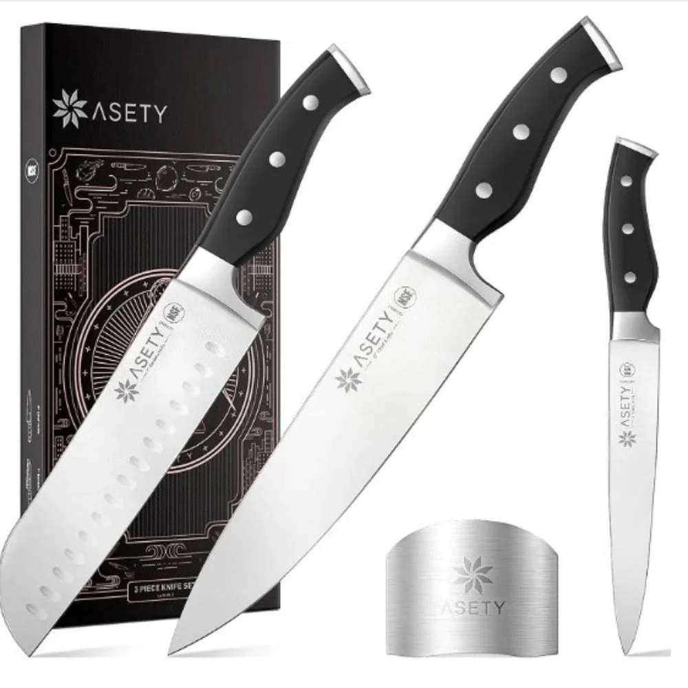 3 pc - PRO KITCHEN KNIFE SET w/ FINGER GUARD (Black)